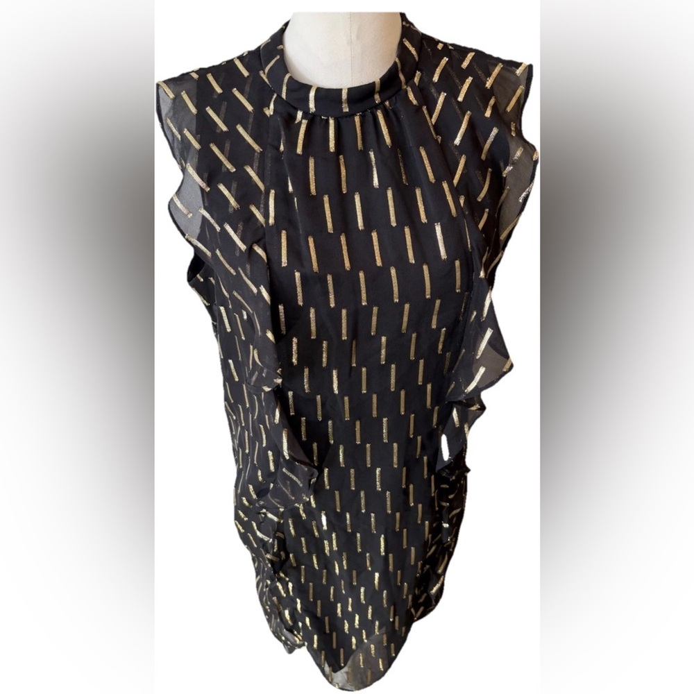 Worthington Metallic Sheath Dress Sheer Ruffles Black Gold cocktail Party Sz 16